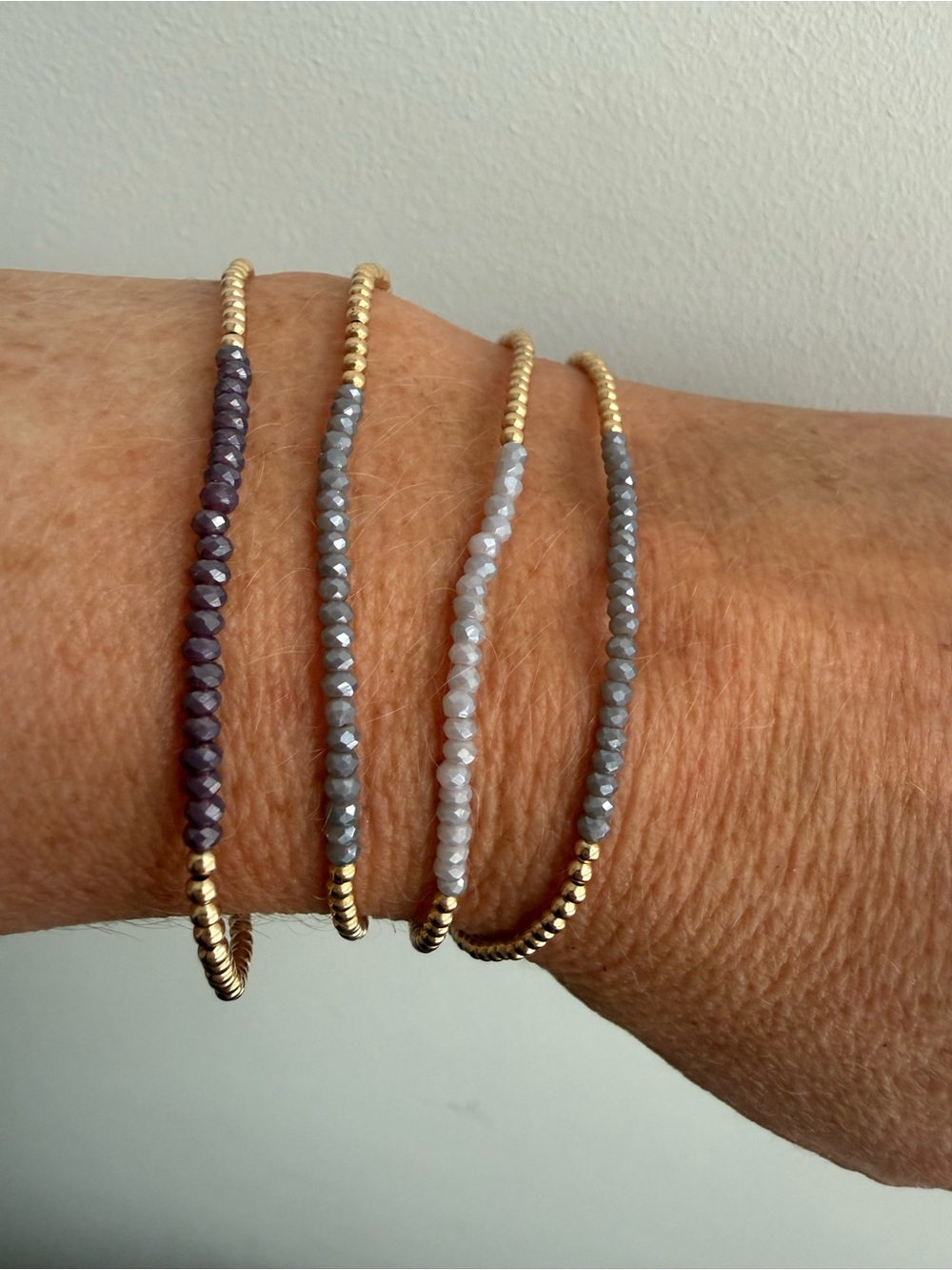 Delicate Gold Bead Bracelet Set with Lavender and Blue Faceted Accents